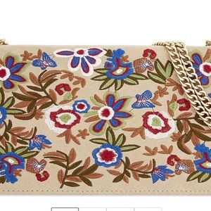 Aldo AFERIDIA Beige Suede Floral Embroidered Gold Chein Crossbody Purse NWOT